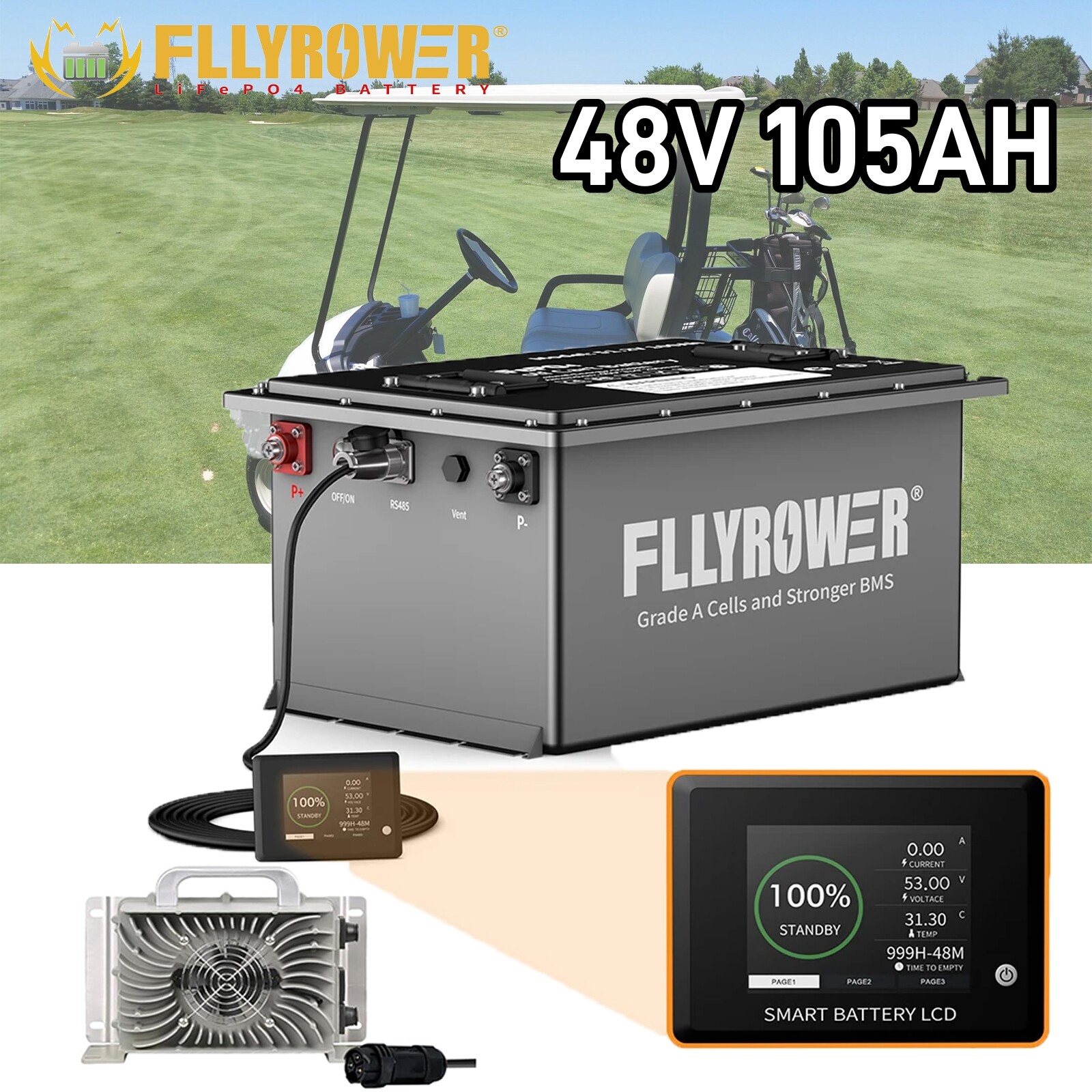 Lifepo4 48V 105AH Golf Cart Battery with 200A BMS 15000+ Deep Cycles+20A Charger