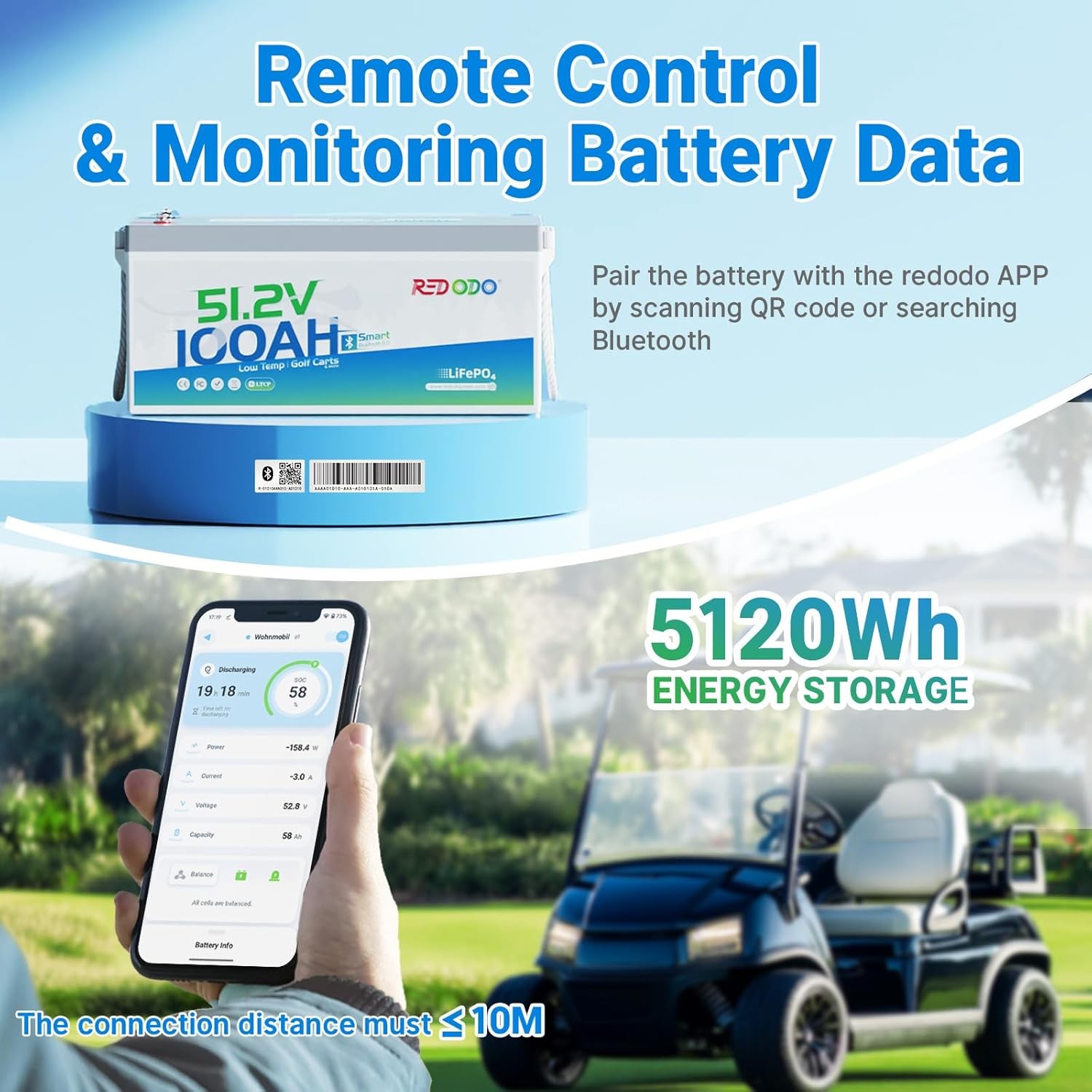 Redodo 48V 100Ah Golf Cart LiFePO4 Battery with 200A BMS Bluetooth, Low Temp
