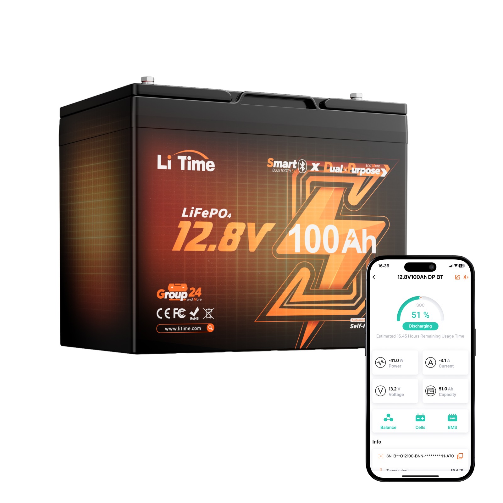 LiTime 12V 100Ah Group 24 Self-Heating Dual Use Marine Starting Lithium Battery