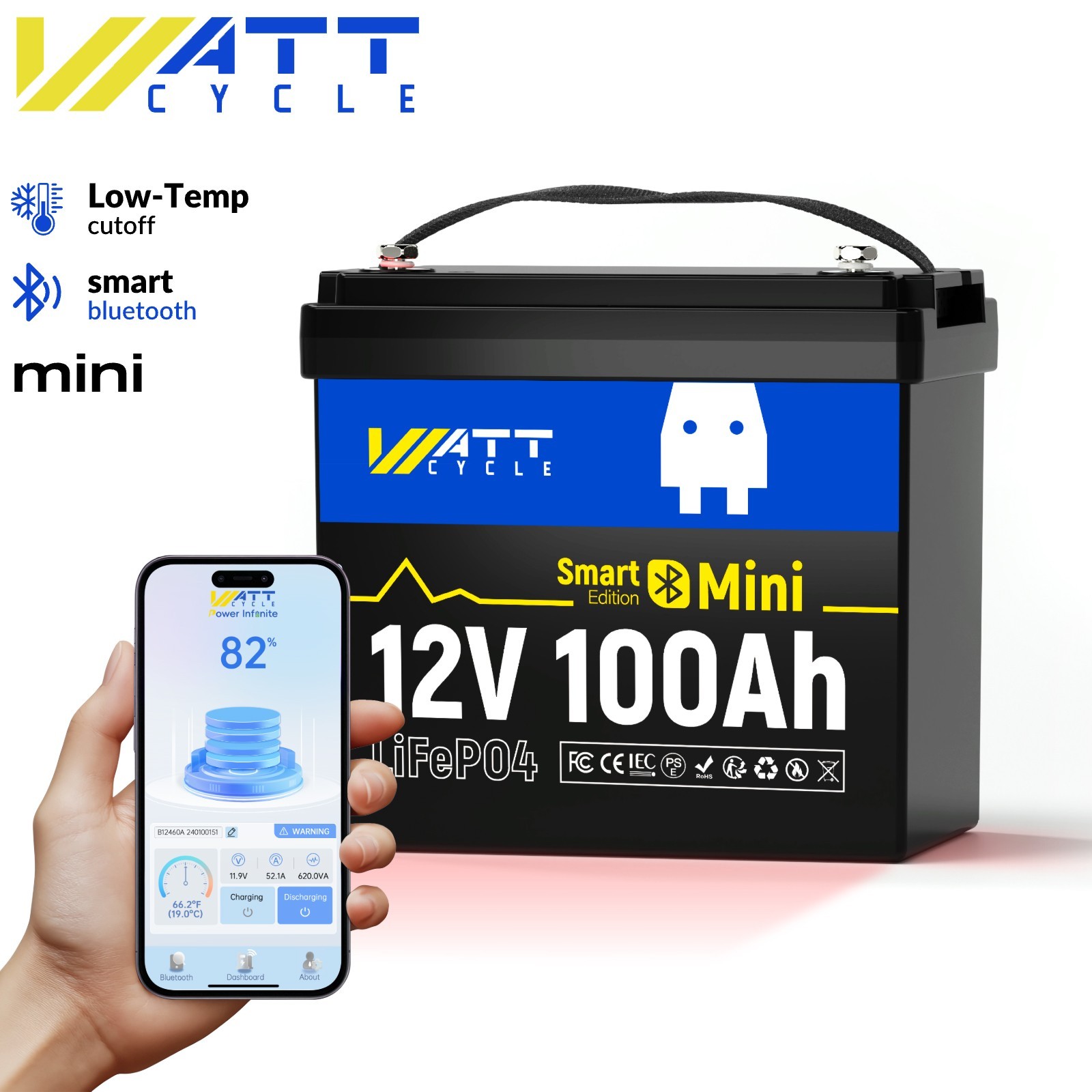 WattCycle 12V 100Ah LiFePO4 Lithium Battery Deep Cycle for Solar Trolling Motor