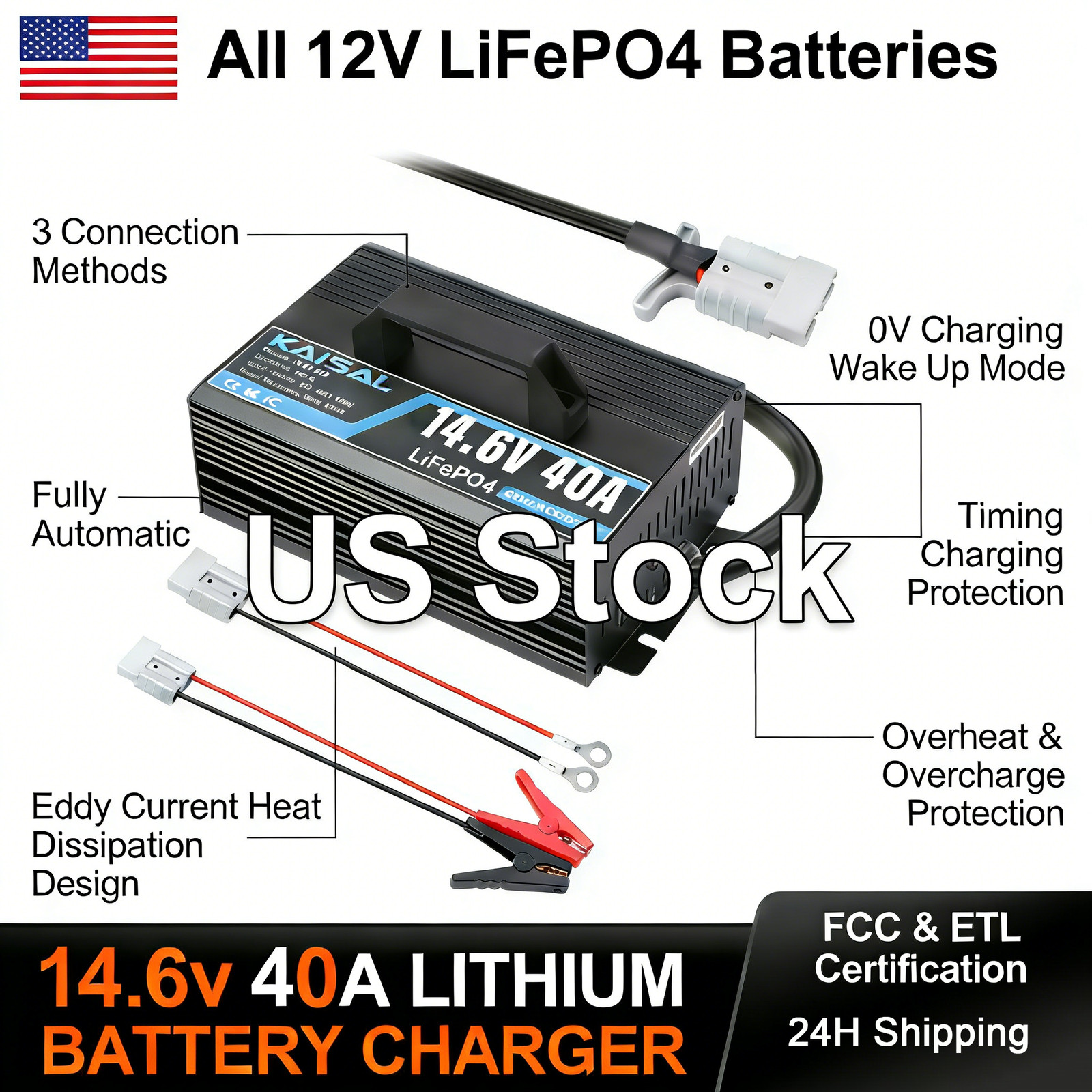 14.6V 40A LiFePO4 Smart Charger w/Temp Control for RV Solar Marine FCC/ETL US