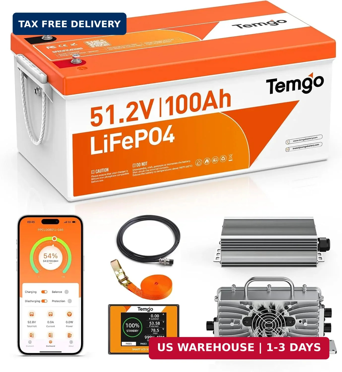 48V (51.2V) 100Ah LiFePO4 Lithium Golf Cart Battery, Built-in 200A BMS, Complete
