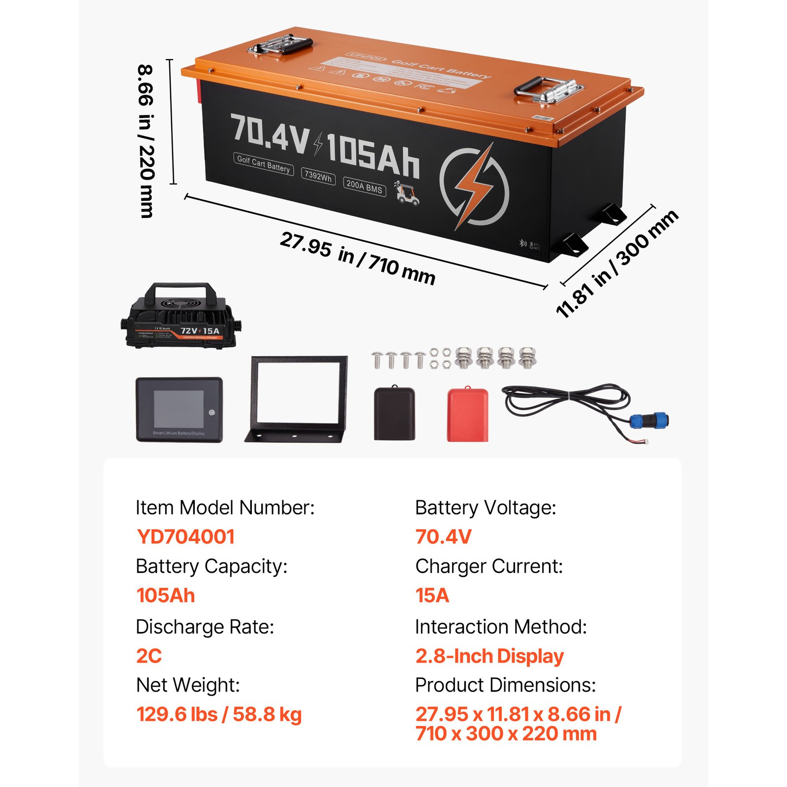 72V 105Ah Golf Cart Lithium Lifepo4 Battery & 15A Charger LCD Monitor Metal Case
