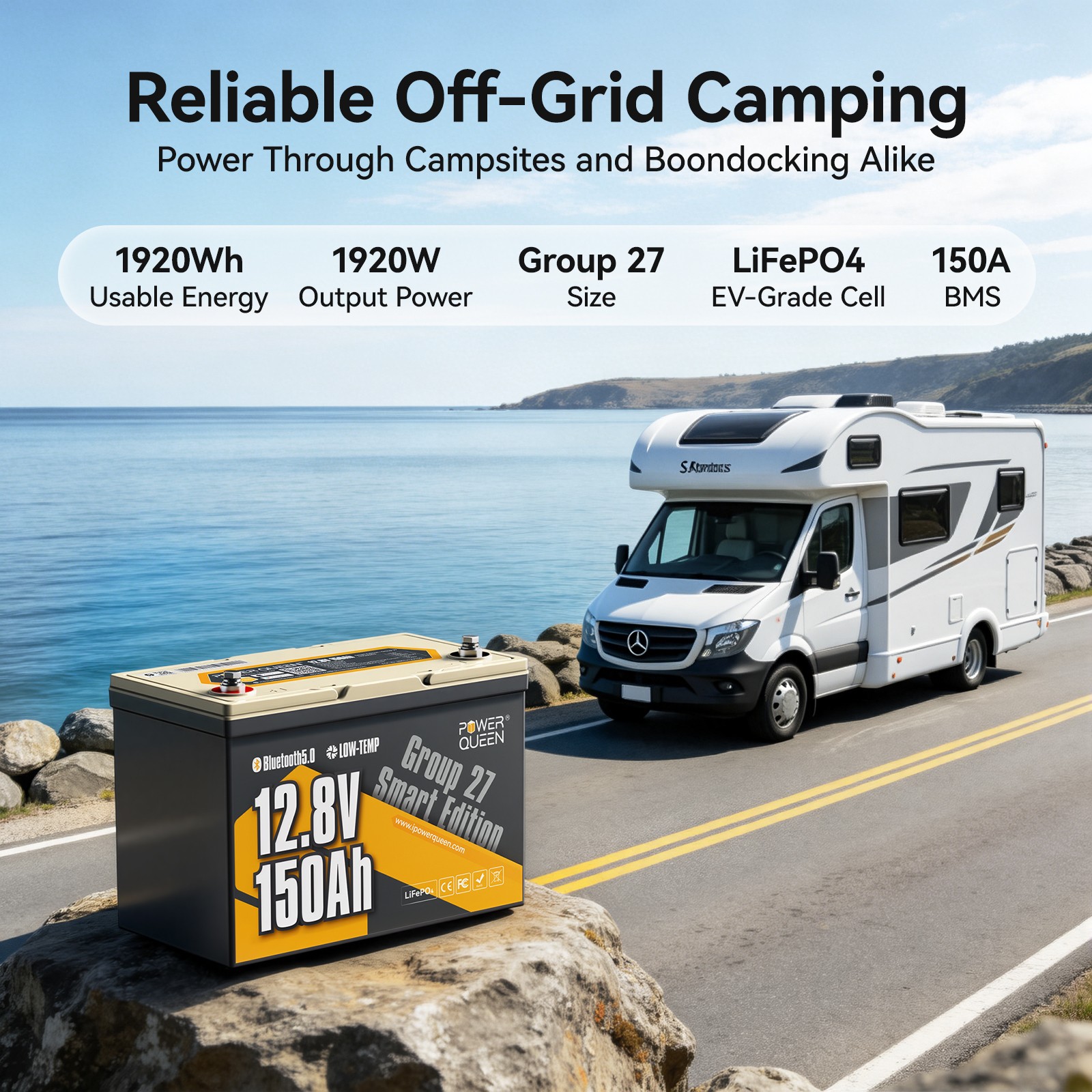 PowerQueen 12V 150Ah Group 27 High-Performance Bluetooth Lithium Battery Upgrade