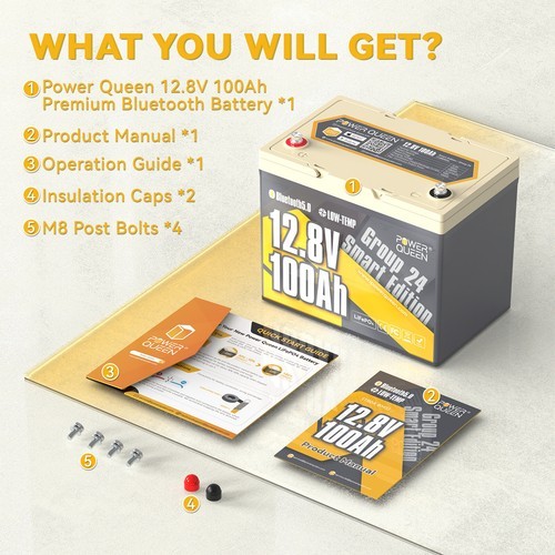 Power Queen 12V 100Ah Bluetooth Group 24 LiFePO4 Battery with 14.6V 10A Charger