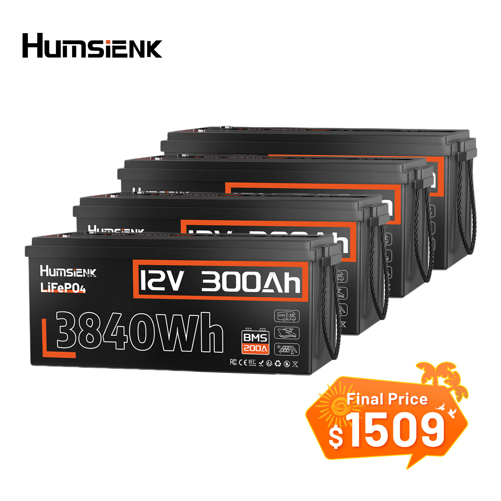 4x Humsienk 12V 300Ah 15.36KWh LiFePO4 Battery 200A BMS Kayak Marine Home Backup