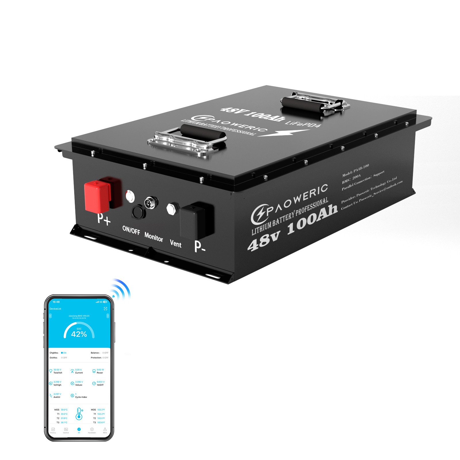 48V 100Ah LiFePO4 Battery w/APP 200A BMS Golf Cart RV Trolling motor metal case