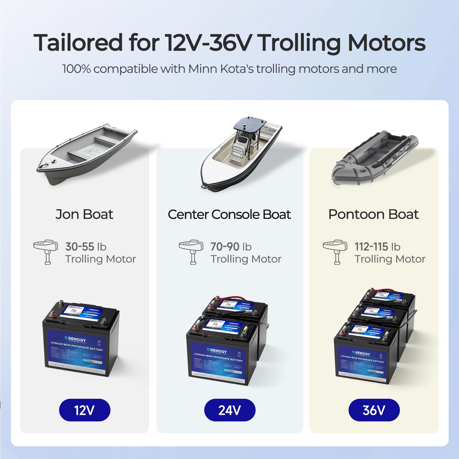 Renogy 12V 100Ah Trolling Motor Lithium Iron Phosphate Battery with Bluetooth