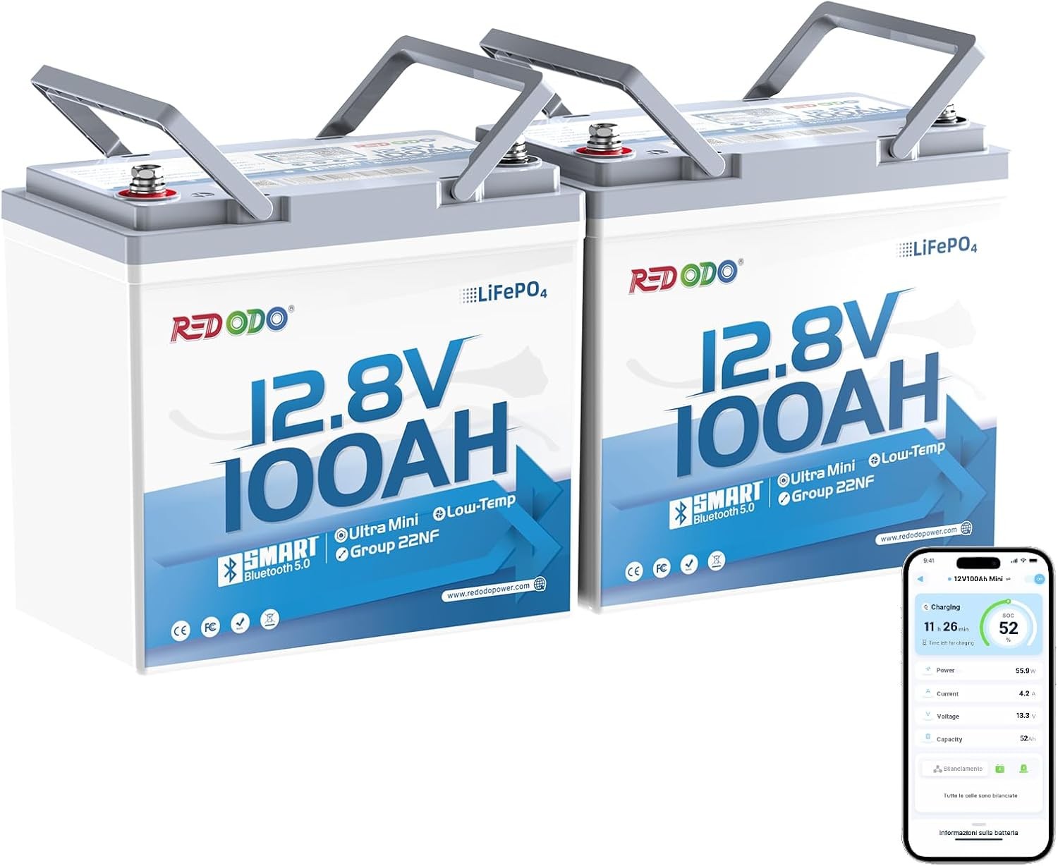 Redodo 12V 100Ah Bluetooth LiFePO4 Lithium Battery Group 22NF Ultral-Mini For RV