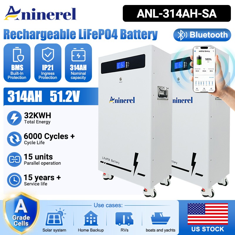 ANINEREL 2Pack 32.15kWh 48V 314AH LiFePO4 Battery Vertical Standing Solar Backup