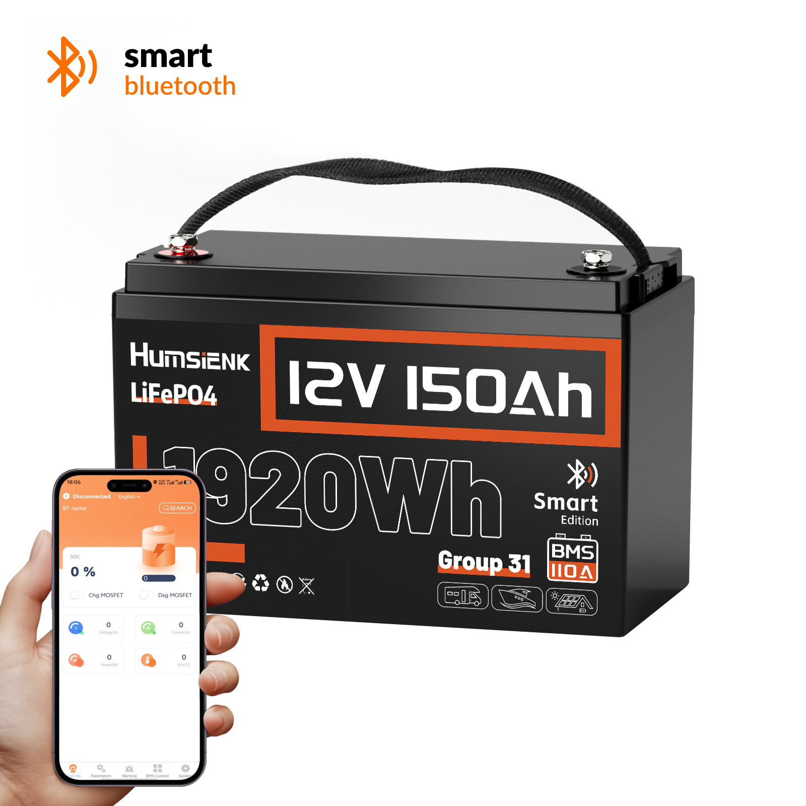 12V 50Ah 100Ah 300Ah 320Ah Bluetooth LiFePO4 Lithium Battery Camping RV Off-Grid