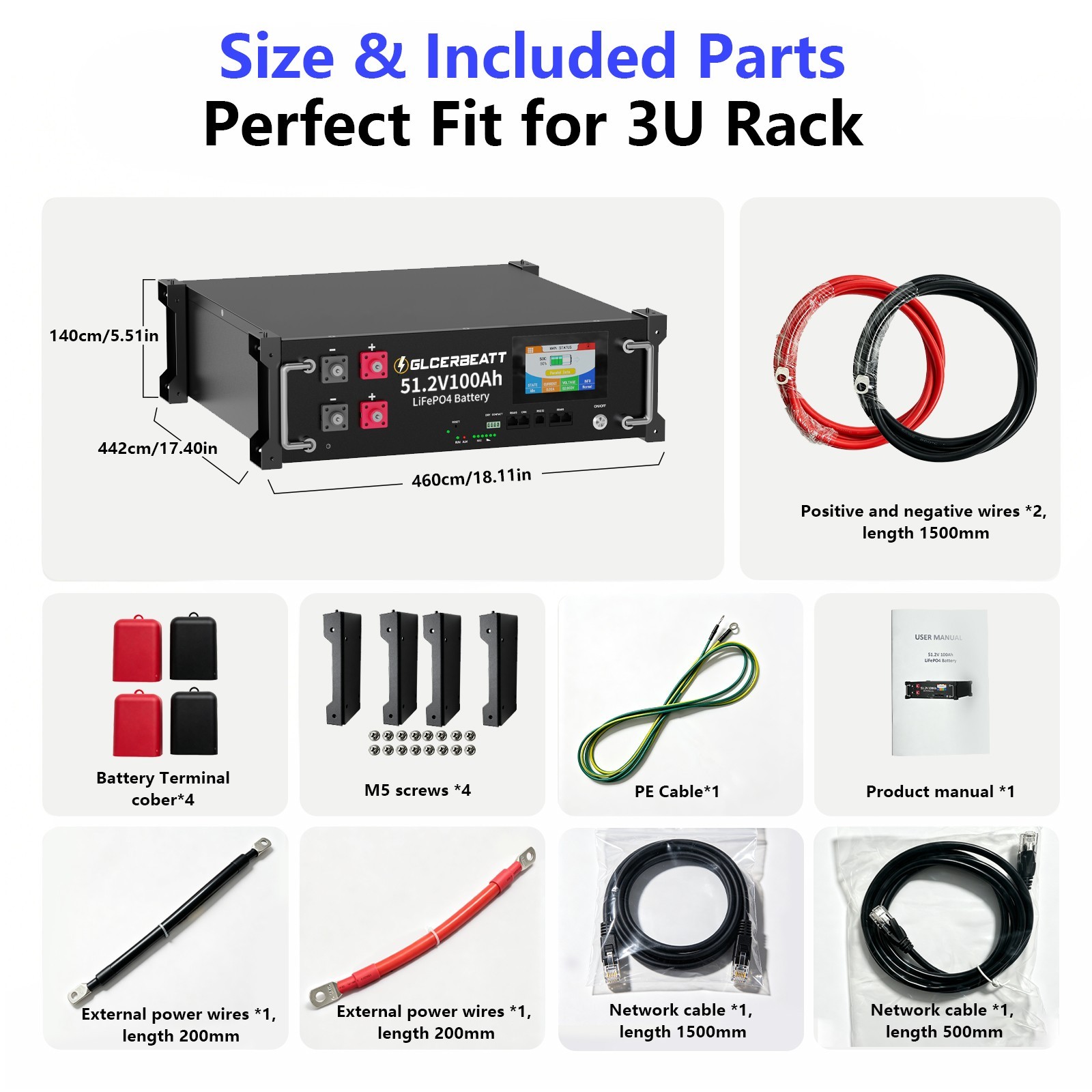 5.12kWh 48V 100Ah LiFePO4 Lithium Battery Server Rack Battery 3U Solar System
