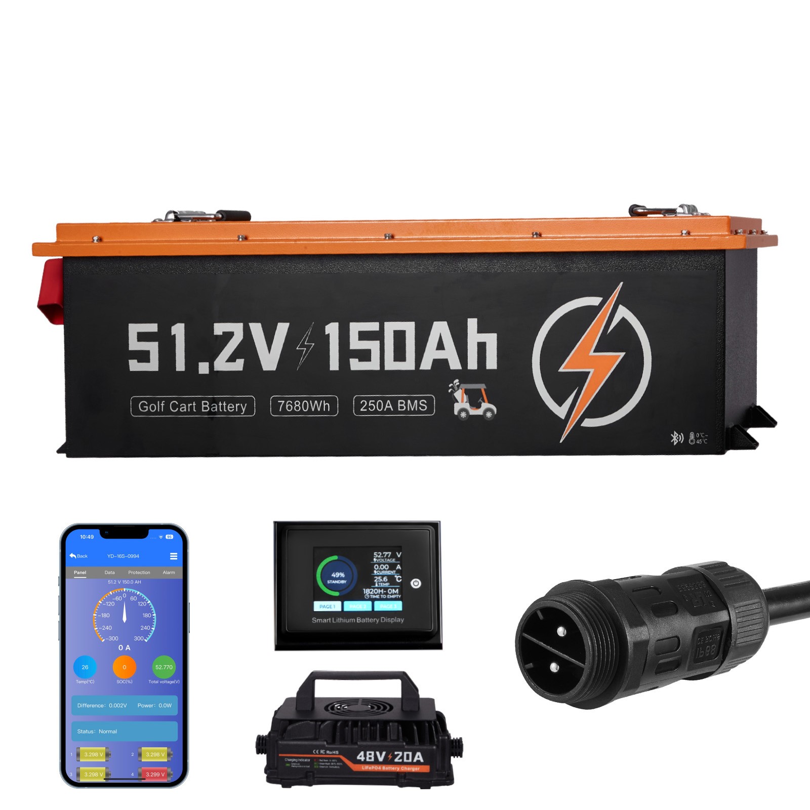 Uimoso 48V 150AH Golf Cart Lithium Battery 20A Charger LCD Monitor 4000+ Cycle