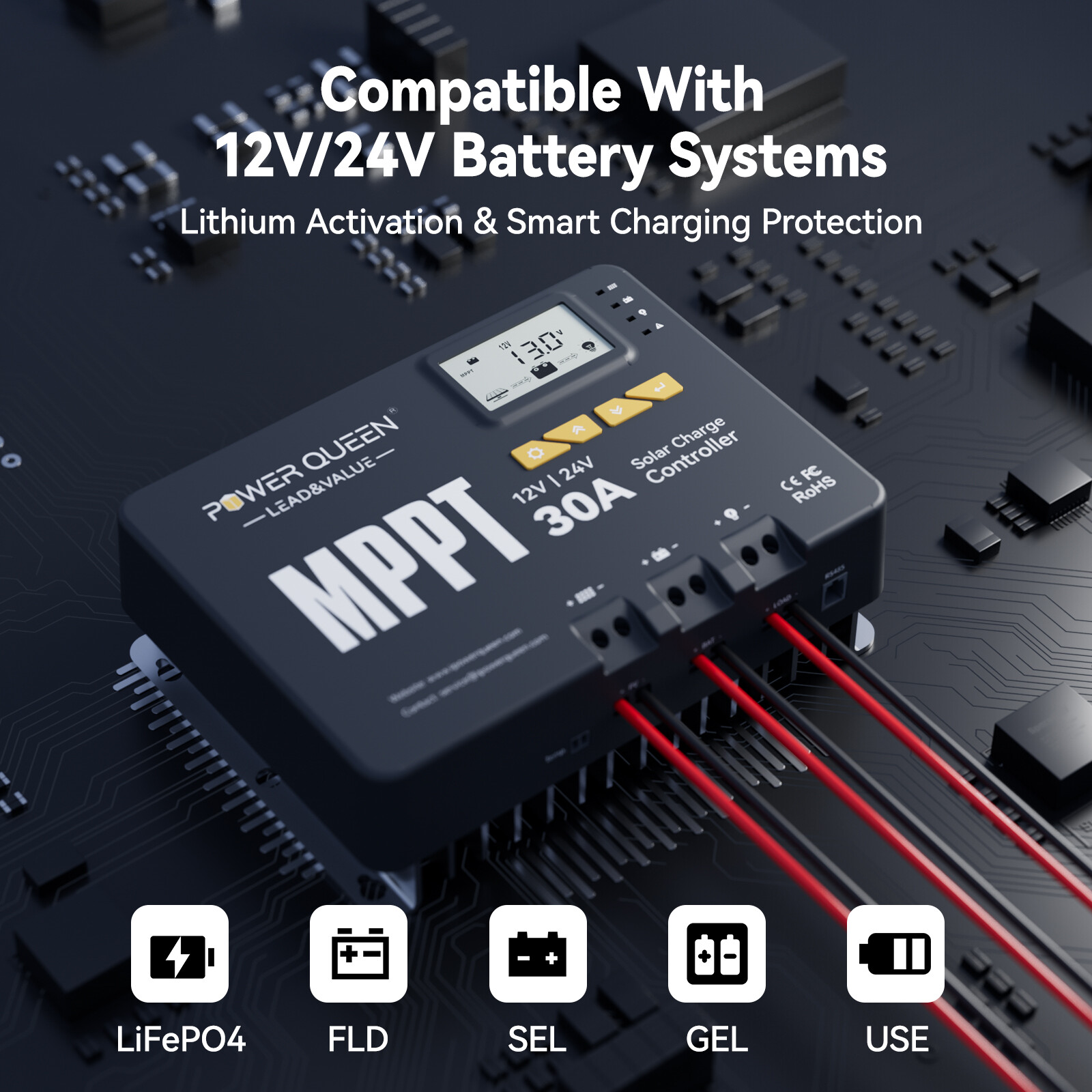 Power Queen 30A Smart Solar Charge MPPT Controller Regulator Bluetooth 12V 24V